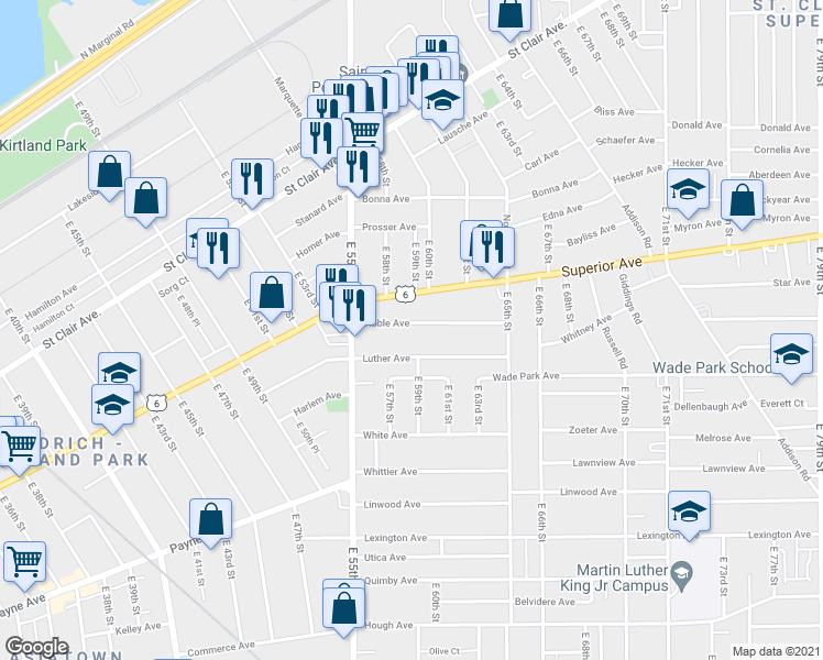 map of restaurants, bars, coffee shops, grocery stores, and more near 5806 Dibble Avenue in Cleveland