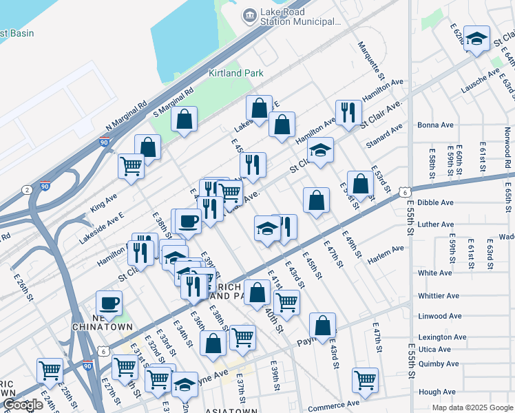 map of restaurants, bars, coffee shops, grocery stores, and more near 1365 East 43rd Street in Cleveland