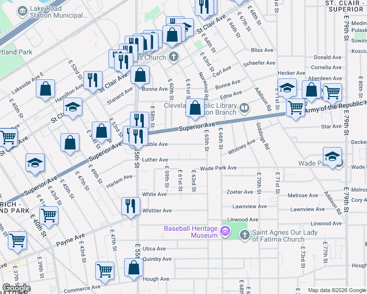 map of restaurants, bars, coffee shops, grocery stores, and more near 6104 Dibble Avenue in Cleveland