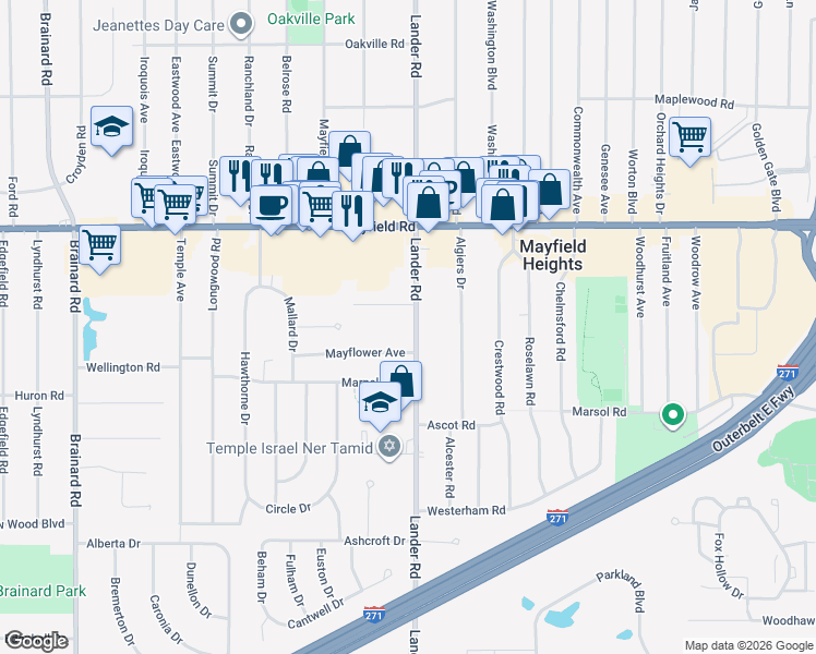 map of restaurants, bars, coffee shops, grocery stores, and more near 1592 Lander Road in Mayfield Heights