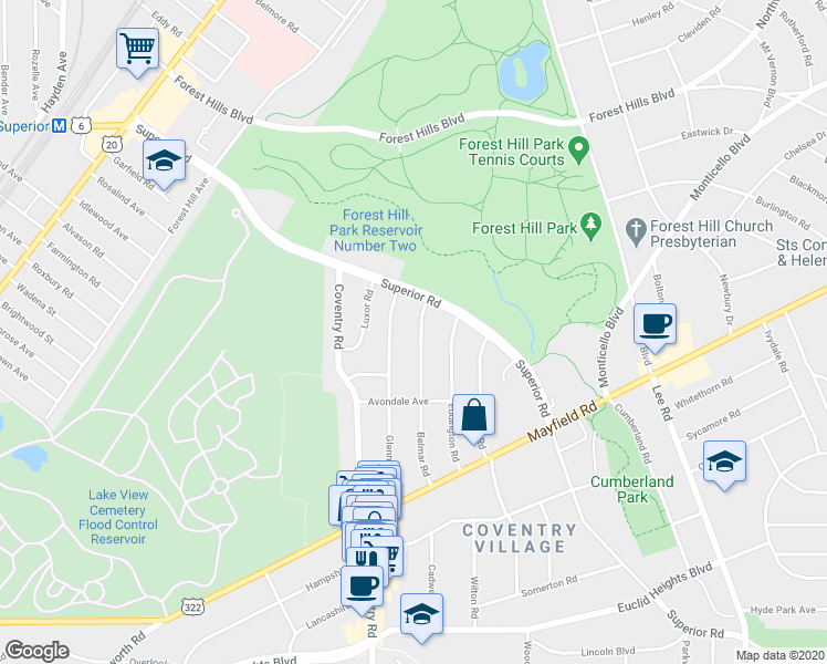 map of restaurants, bars, coffee shops, grocery stores, and more near 1547 Glenmont Road in East Cleveland