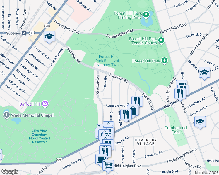 map of restaurants, bars, coffee shops, grocery stores, and more near 1547 Glenmont Road in East Cleveland