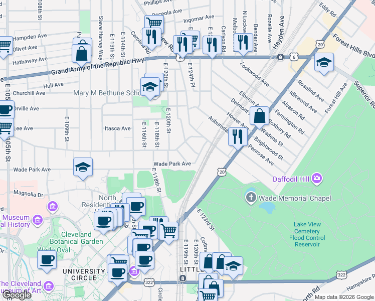 map of restaurants, bars, coffee shops, grocery stores, and more near 1514 East 123rd Street in Cleveland