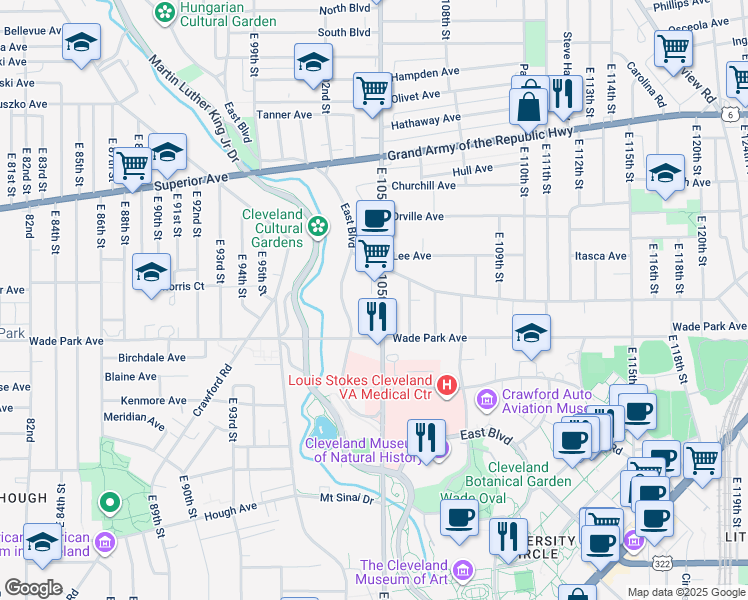 map of restaurants, bars, coffee shops, grocery stores, and more near 1464 East 105th Street in Cleveland