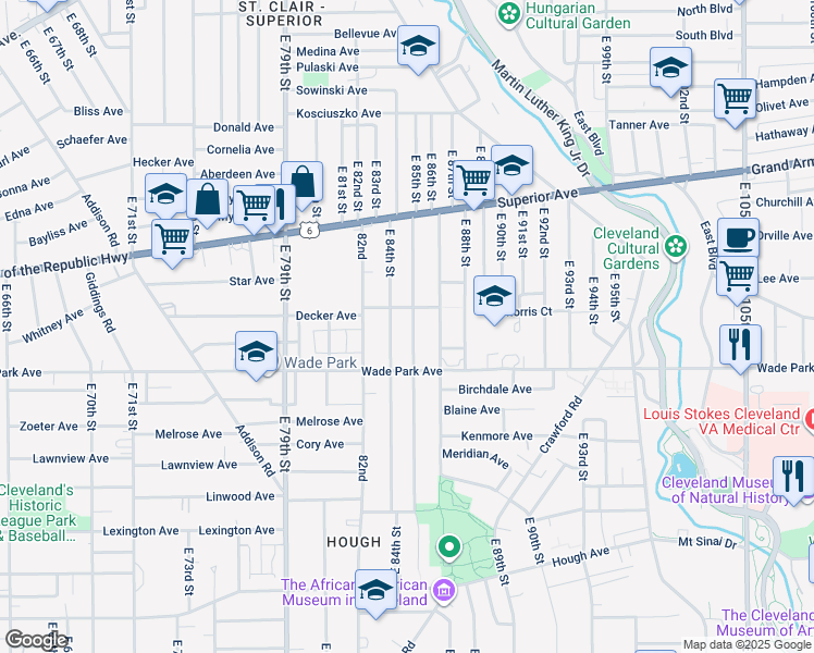 map of restaurants, bars, coffee shops, grocery stores, and more near 1415 East 85th Street in Cleveland