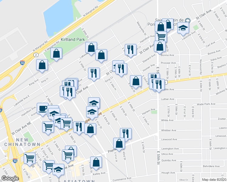 map of restaurants, bars, coffee shops, grocery stores, and more near 1411 East 47th Street in Cleveland