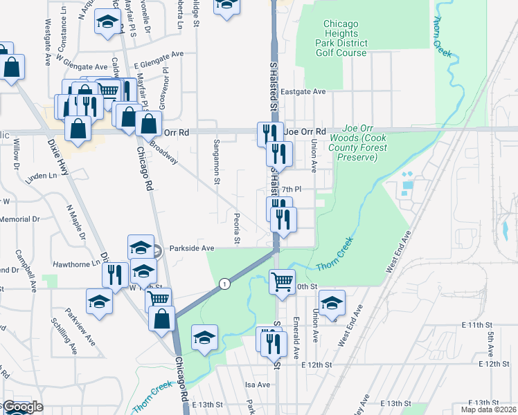 map of restaurants, bars, coffee shops, grocery stores, and more near 800 South Halsted Street in Chicago Heights