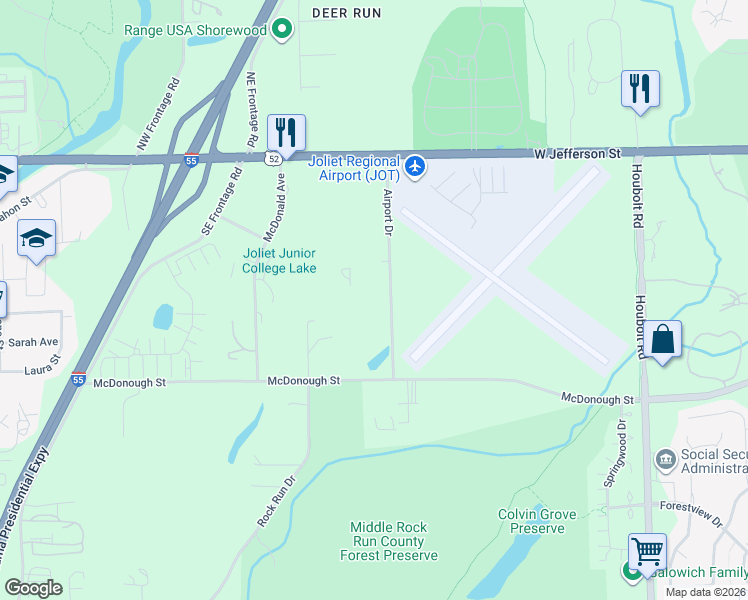 map of restaurants, bars, coffee shops, grocery stores, and more near 321 Airport Drive in Joliet