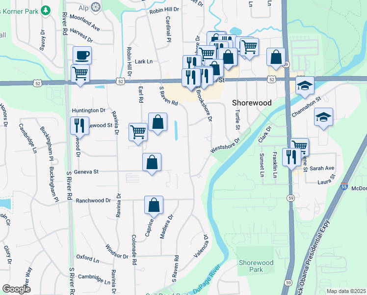 map of restaurants, bars, coffee shops, grocery stores, and more near 511 South Raven Road in Shorewood