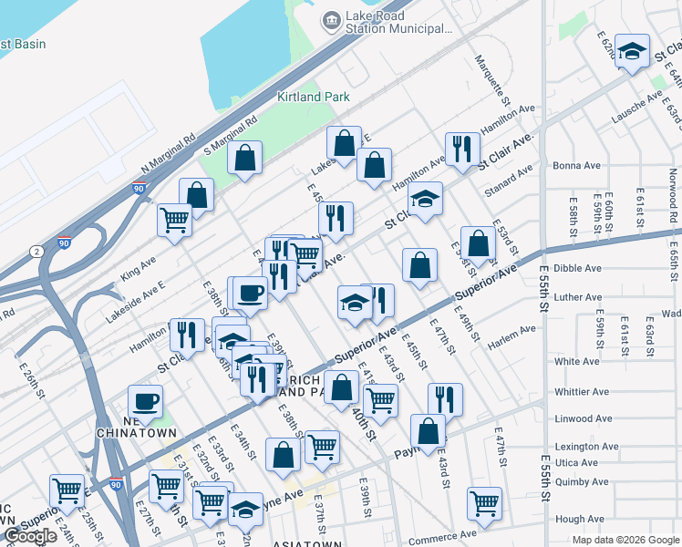 map of restaurants, bars, coffee shops, grocery stores, and more near 1365 East 43rd Street in Cleveland