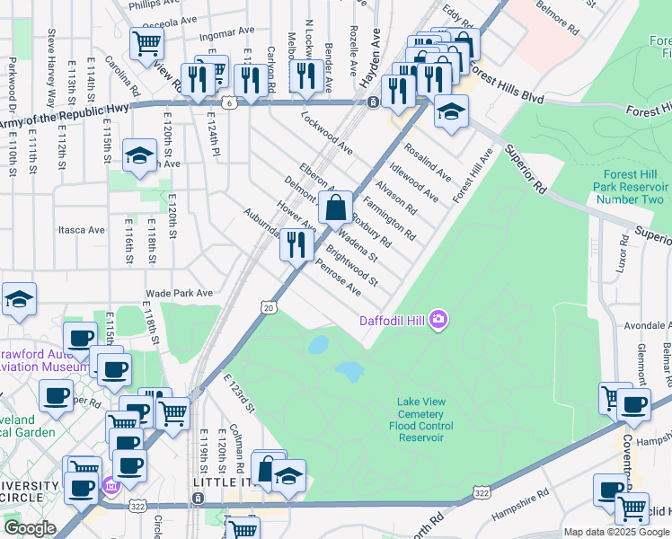 map of restaurants, bars, coffee shops, grocery stores, and more near 1833 Penrose Avenue in East Cleveland