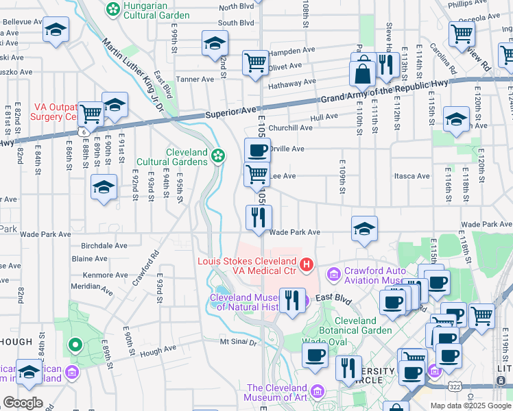 map of restaurants, bars, coffee shops, grocery stores, and more near 1464 East 105th Street in Cleveland