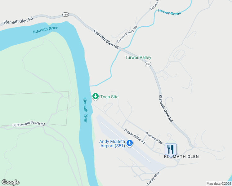 map of restaurants, bars, coffee shops, grocery stores, and more near 20 Ash Road in Klamath