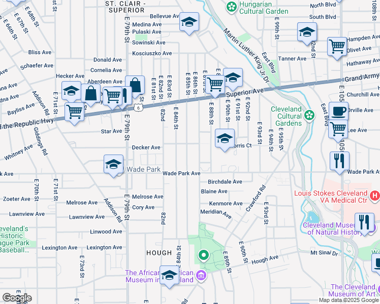 map of restaurants, bars, coffee shops, grocery stores, and more near 1415 E 85th St in Cleveland