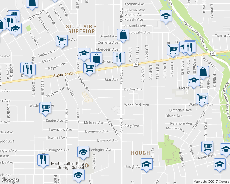 map of restaurants, bars, coffee shops, grocery stores, and more near 7804 Decker Avenue in Cleveland