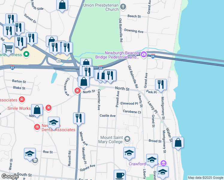 map of restaurants, bars, coffee shops, grocery stores, and more near 81 North Street in Newburgh