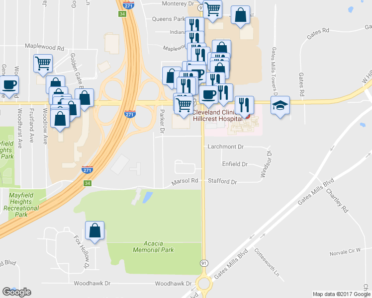 map of restaurants, bars, coffee shops, grocery stores, and more near 1596 Som Center Road in Mayfield Heights