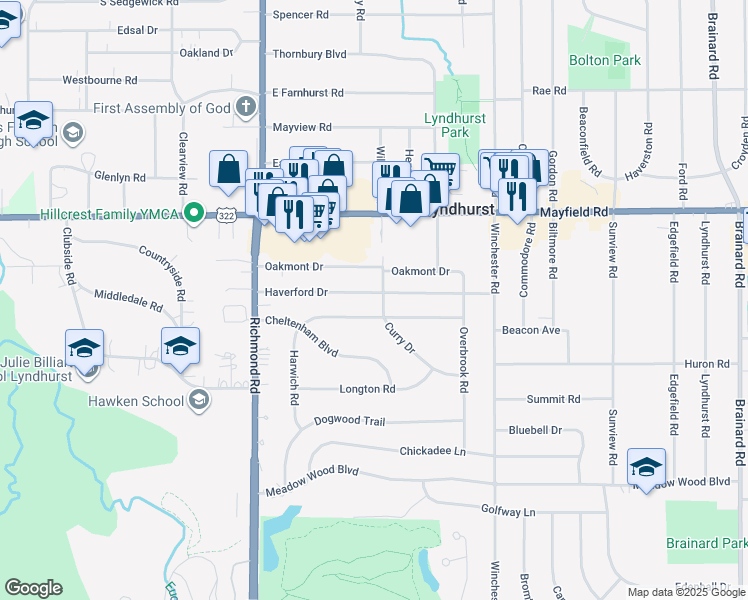 map of restaurants, bars, coffee shops, grocery stores, and more near 5204 Haverford Drive in Lyndhurst