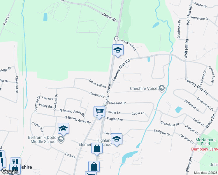 map of restaurants, bars, coffee shops, grocery stores, and more near 1 Country Club Road in Cheshire