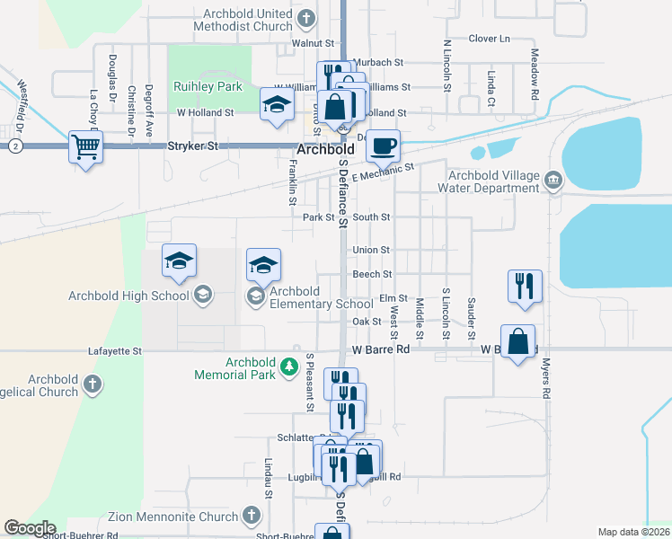 map of restaurants, bars, coffee shops, grocery stores, and more near 396 South Defiance Street in Archbold