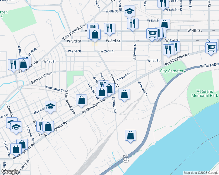map of restaurants, bars, coffee shops, grocery stores, and more near 2129 Dixwell Street in Davenport