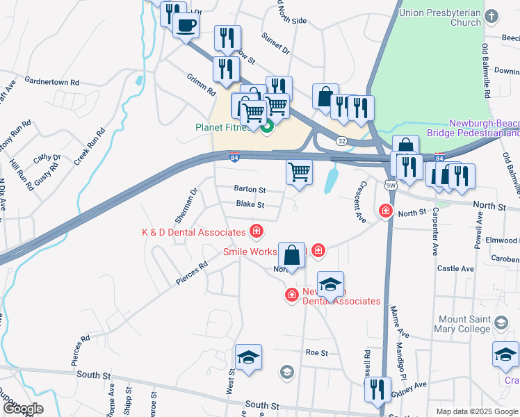 map of restaurants, bars, coffee shops, grocery stores, and more near 25 Blake Street in Newburgh
