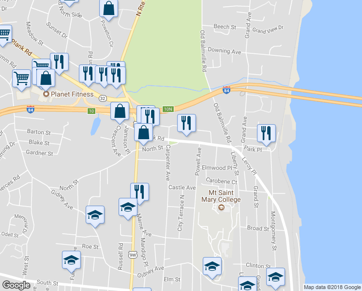 map of restaurants, bars, coffee shops, grocery stores, and more near 81 North Street in Newburgh