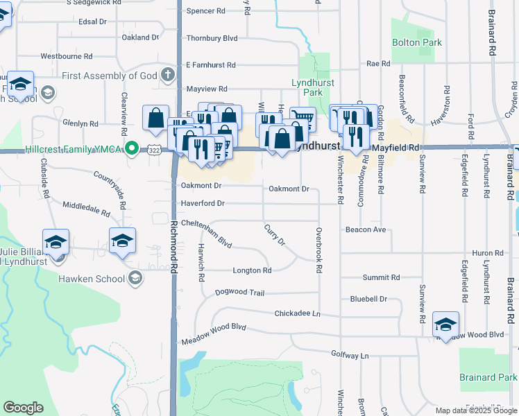map of restaurants, bars, coffee shops, grocery stores, and more near 5204 Haverford Drive in Lyndhurst
