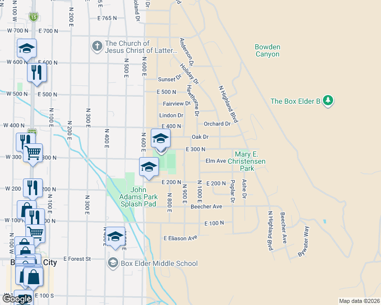 map of restaurants, bars, coffee shops, grocery stores, and more near 948 East 300 North in Brigham City