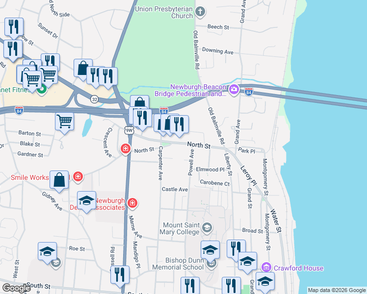 map of restaurants, bars, coffee shops, grocery stores, and more near 65 North Street in Newburgh