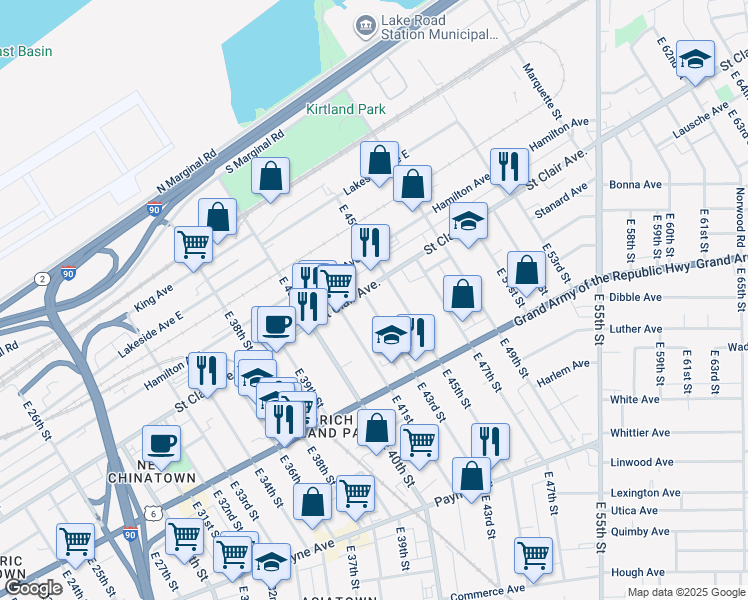 map of restaurants, bars, coffee shops, grocery stores, and more near 1365 East 43rd Street in Cleveland