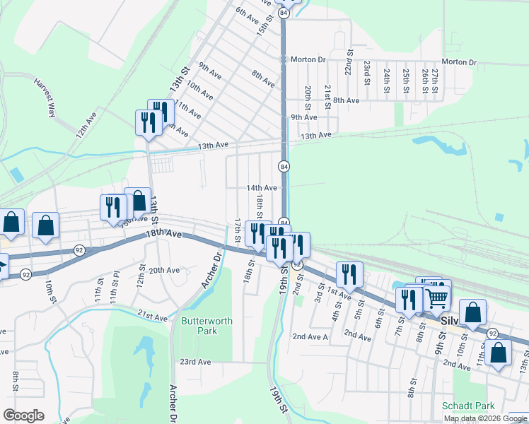 map of restaurants, bars, coffee shops, grocery stores, and more near 1447 19th Street in Silvis