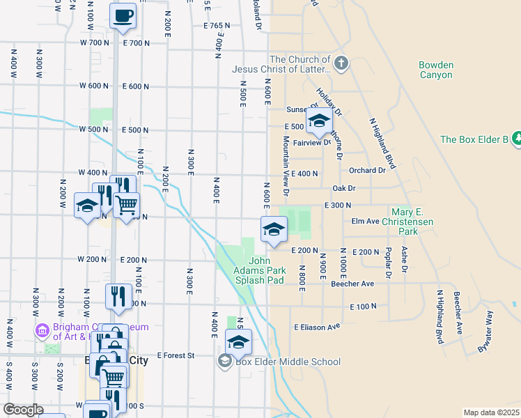map of restaurants, bars, coffee shops, grocery stores, and more near 305 North 600 East in Brigham City