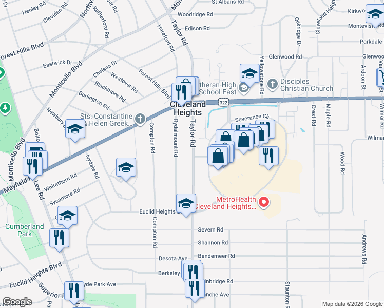 map of restaurants, bars, coffee shops, grocery stores, and more near 1564 South Taylor Road in Cleveland Heights