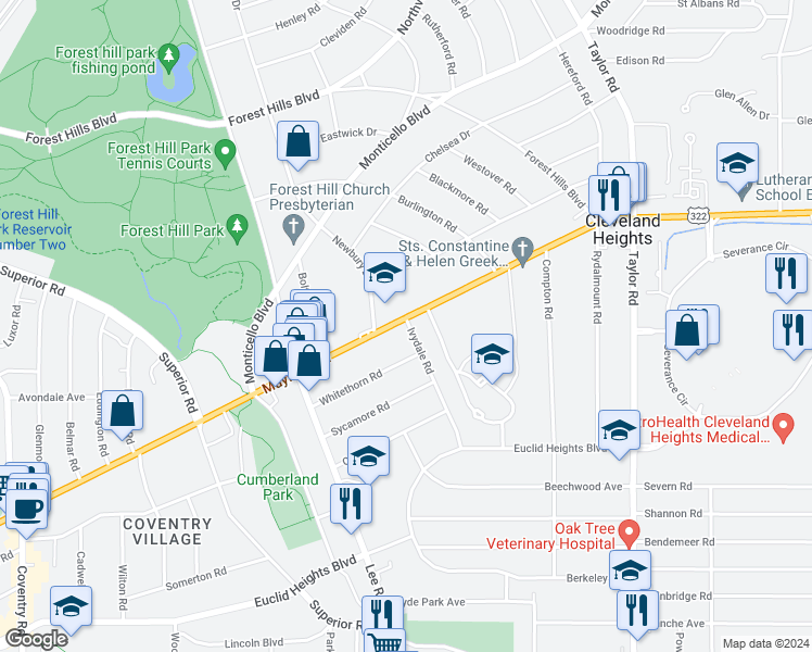 map of restaurants, bars, coffee shops, grocery stores, and more near in Cleveland Heights
