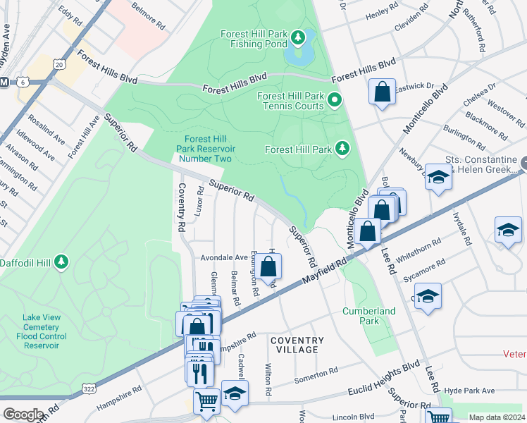 map of restaurants, bars, coffee shops, grocery stores, and more near 14128 Superior Road in East Cleveland