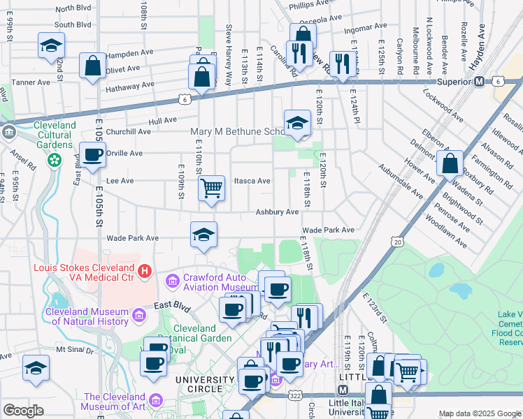 map of restaurants, bars, coffee shops, grocery stores, and more near 11406 Ashbury Avenue in Cleveland
