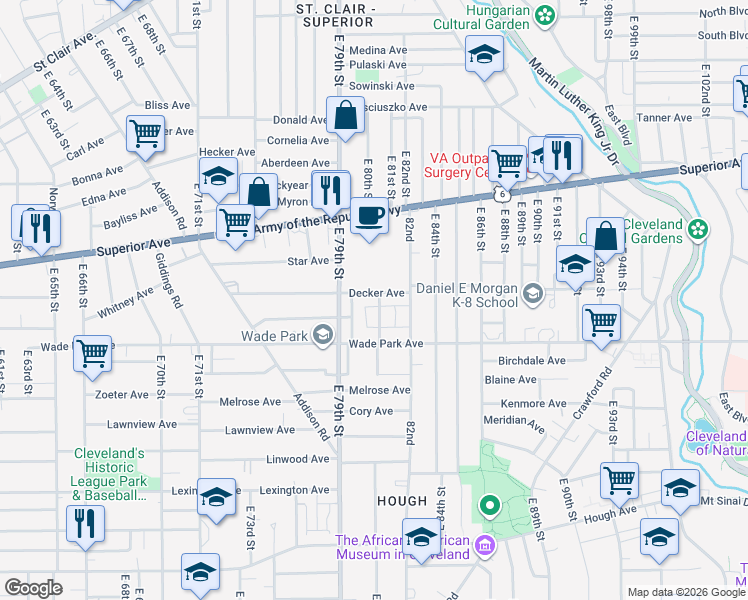 map of restaurants, bars, coffee shops, grocery stores, and more near 1407 East 81st Street in Cleveland