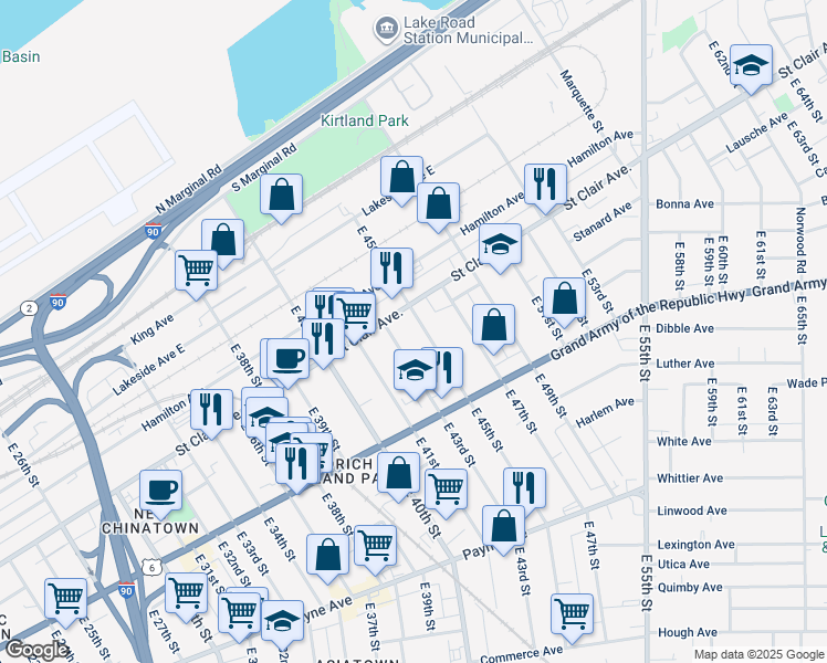 map of restaurants, bars, coffee shops, grocery stores, and more near 1365 East 43rd Street in Cleveland