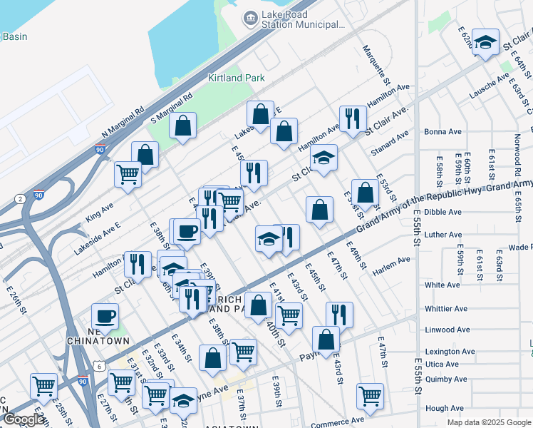 map of restaurants, bars, coffee shops, grocery stores, and more near 1365 East 43rd Street in Cleveland
