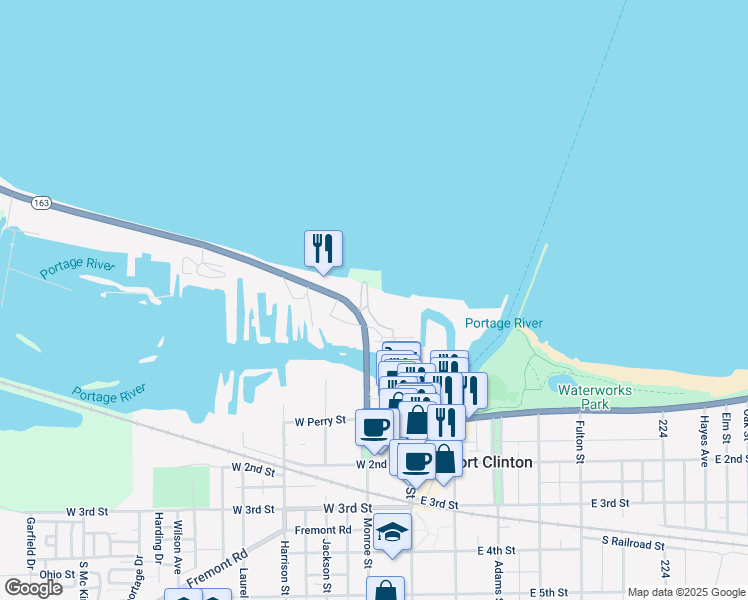 map of restaurants, bars, coffee shops, grocery stores, and more near 214 West Lakeshore Drive in Port Clinton