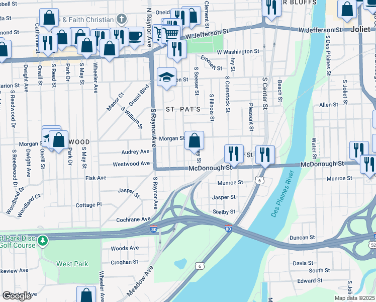 map of restaurants, bars, coffee shops, grocery stores, and more near 313 South Hunter Avenue in Joliet