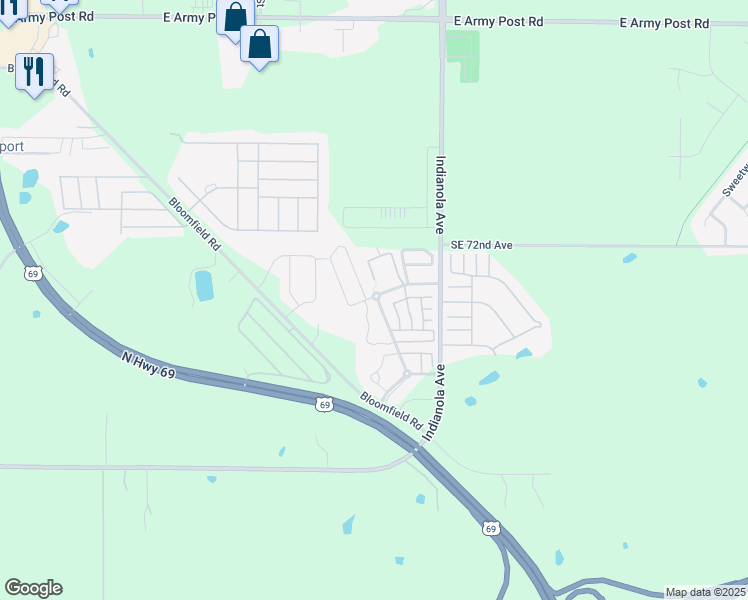 map of restaurants, bars, coffee shops, grocery stores, and more near 501 Meadows Court in Des Moines
