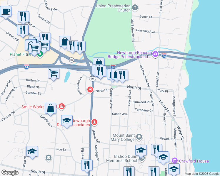 map of restaurants, bars, coffee shops, grocery stores, and more near 111 North Street in Newburgh