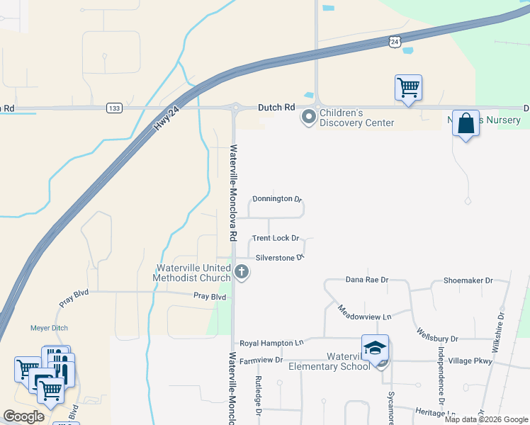 map of restaurants, bars, coffee shops, grocery stores, and more near 8104 Bridgehampton Drive in Waterville