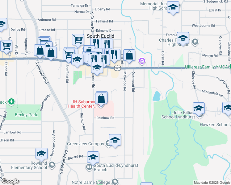 map of restaurants, bars, coffee shops, grocery stores, and more near 1556 Novicky Court in South Euclid