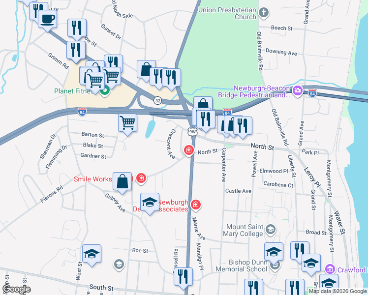 map of restaurants, bars, coffee shops, grocery stores, and more near 172 North Street in Newburgh
