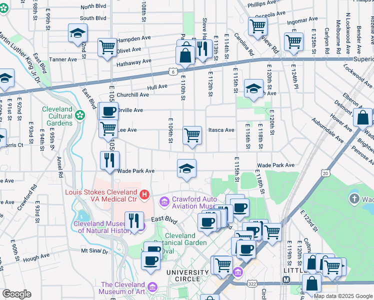 map of restaurants, bars, coffee shops, grocery stores, and more near 11005 Ashbury Avenue in Cleveland