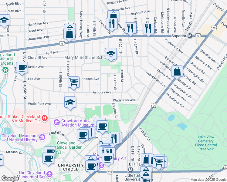 map of restaurants, bars, coffee shops, grocery stores, and more near 11713 Ashbury Avenue in Cleveland