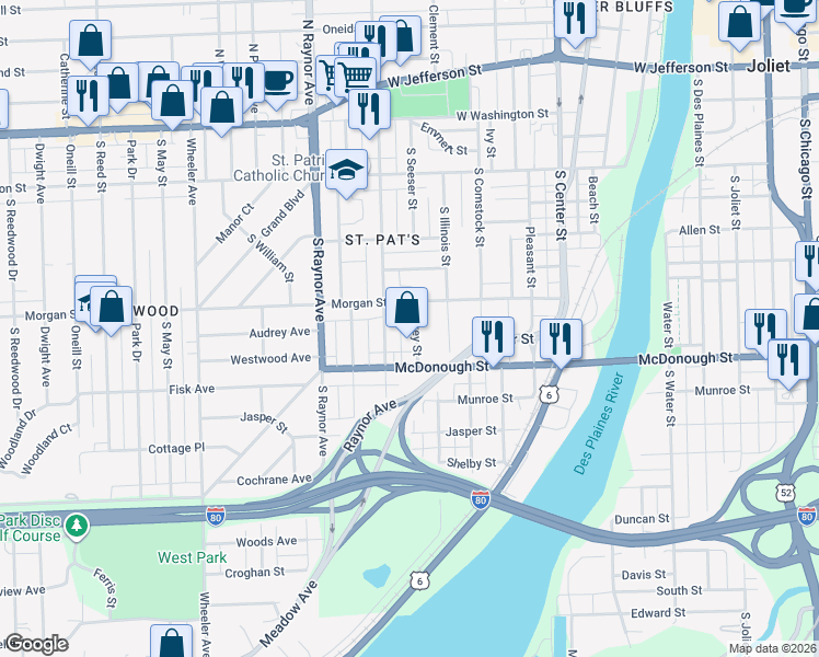 map of restaurants, bars, coffee shops, grocery stores, and more near 315 Dewey Street in Joliet